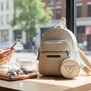 Guess Cream Backpack with Logo Pattern NWT